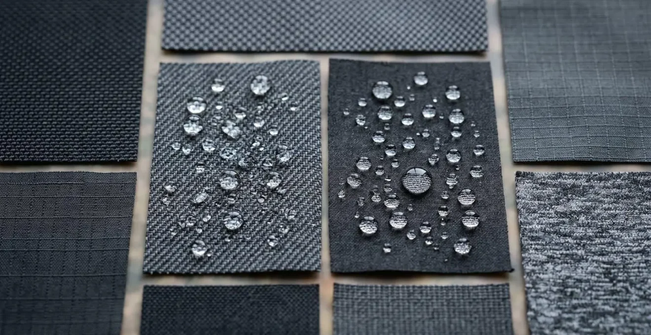 Extreme close-up of performance fabric showing liquid-repellent weave structure