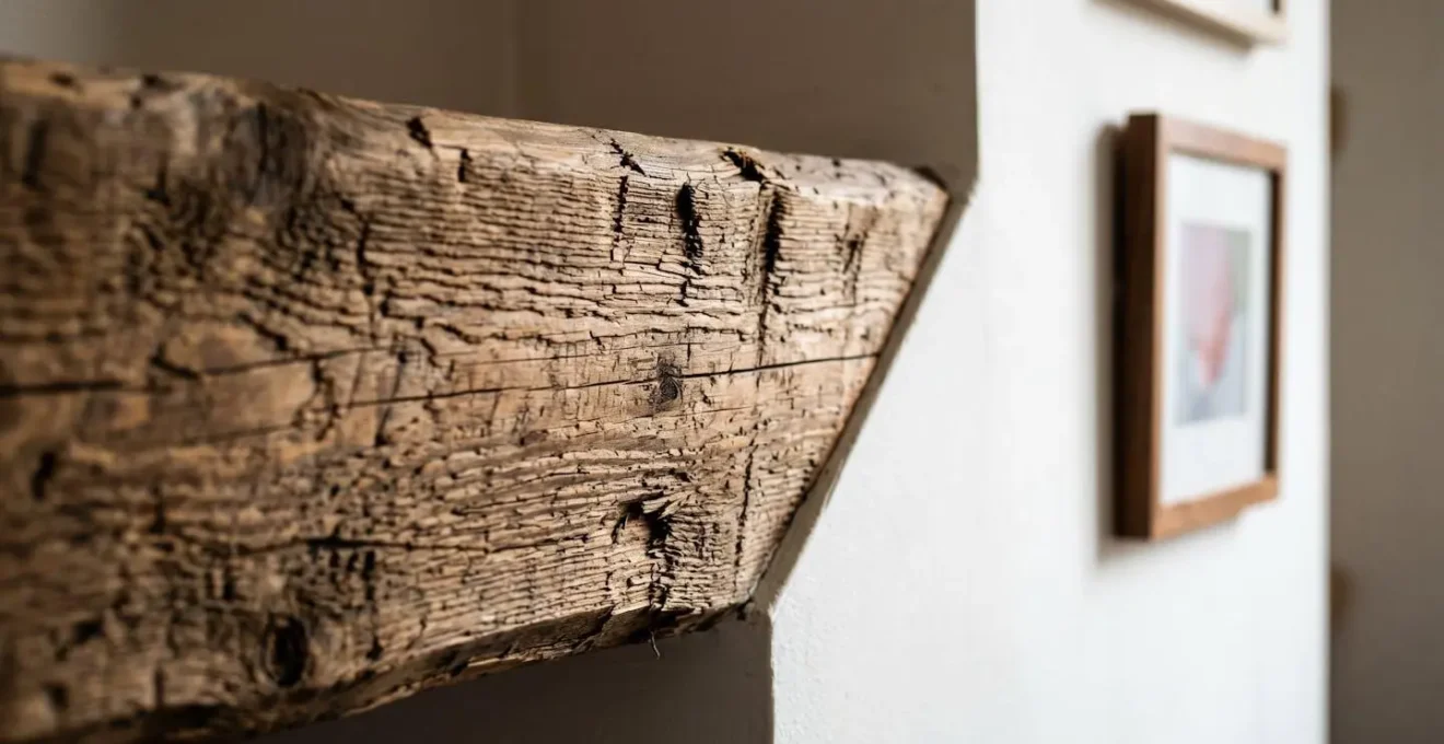 Interior showing strategic placement of raw wood accents against smooth surfaces