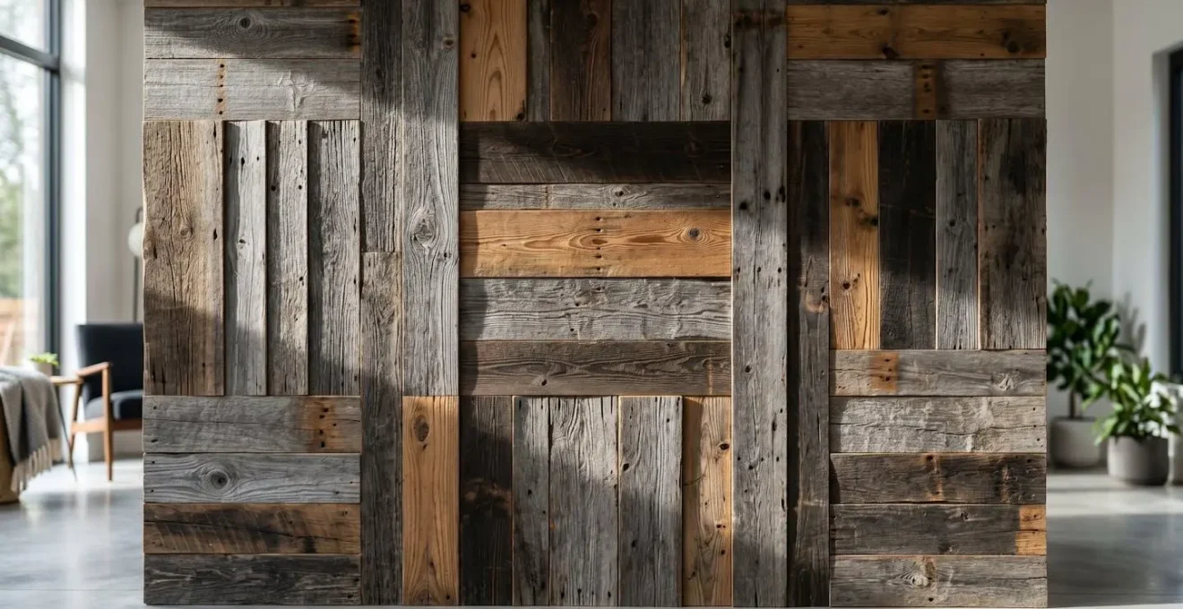 Wall featuring mixed reclaimed wood planks showing natural aging and patina