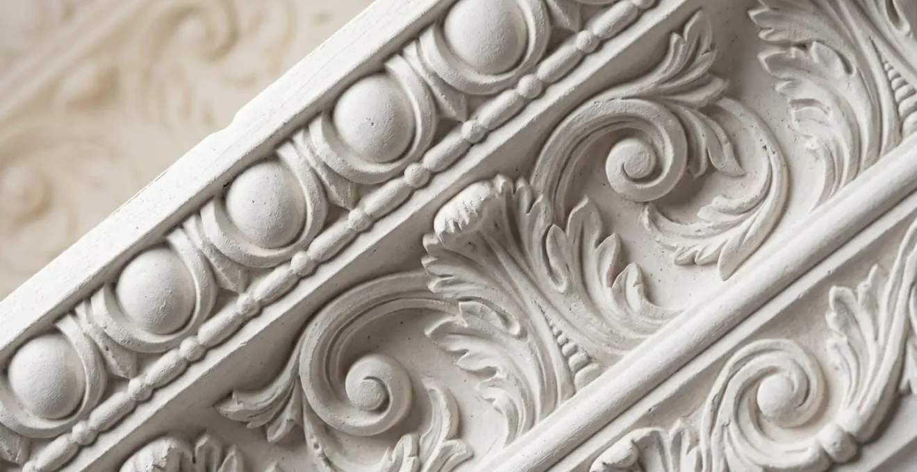 Close-up detail of restored ornate plaster cornice showing intricate relief patterns and delicate craftsmanship