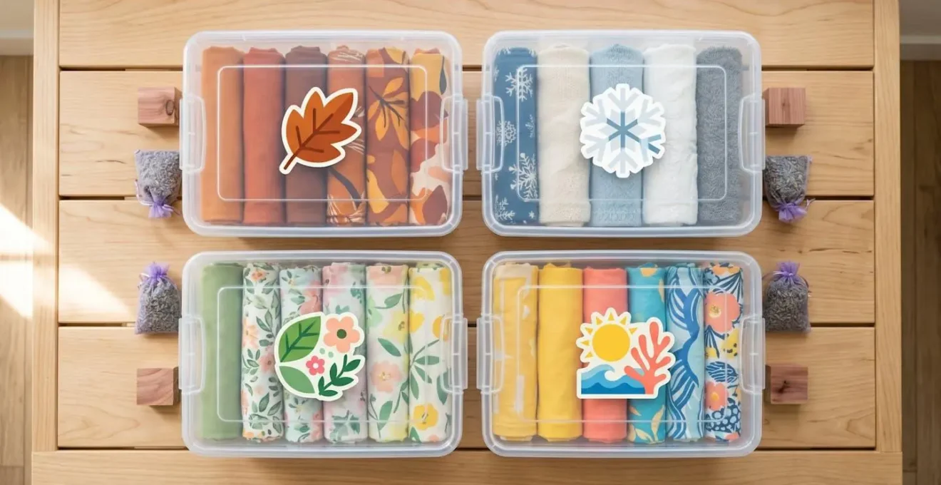 Overhead view of neatly organized pillow covers sorted by season in labeled clear storage boxes