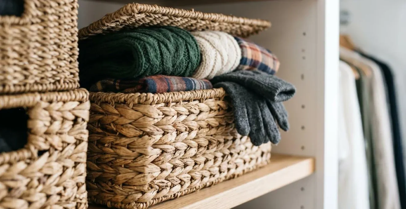 An organized entryway closet showing labeled bins for seasonal gear rotation