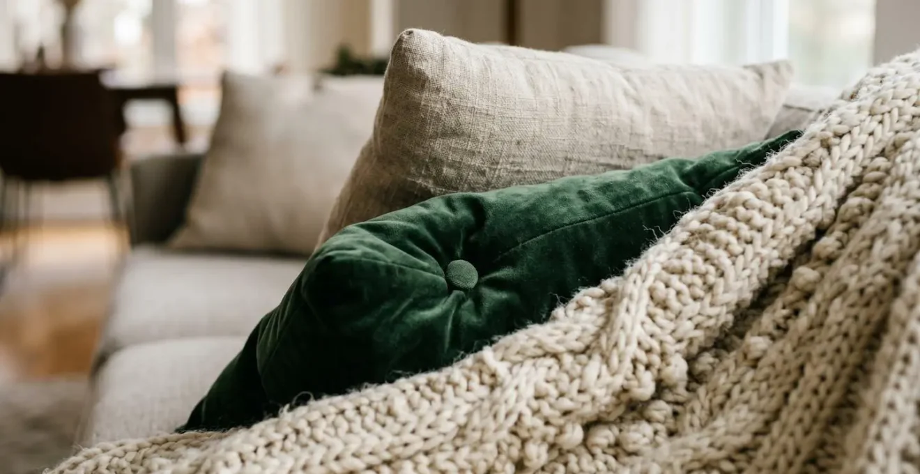 Close-up of sectional sofa with varied texture pillows creating visual zones