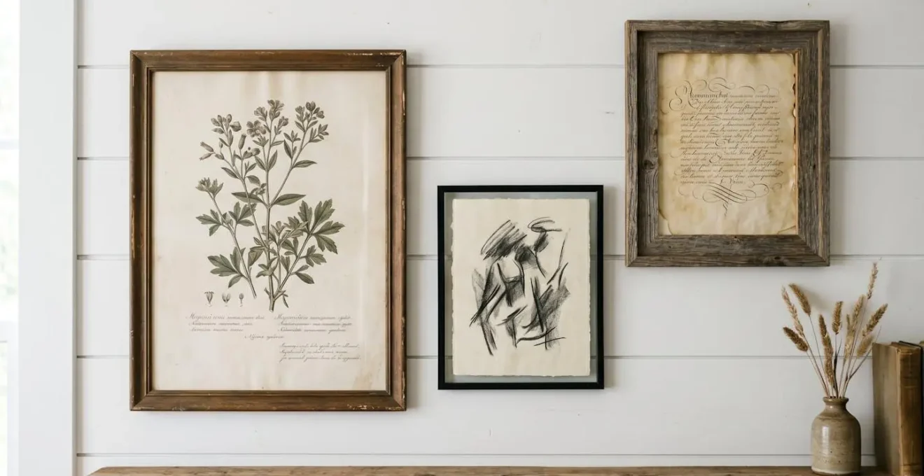 Modern farmhouse wall featuring curated vintage typography and meaningful art pieces