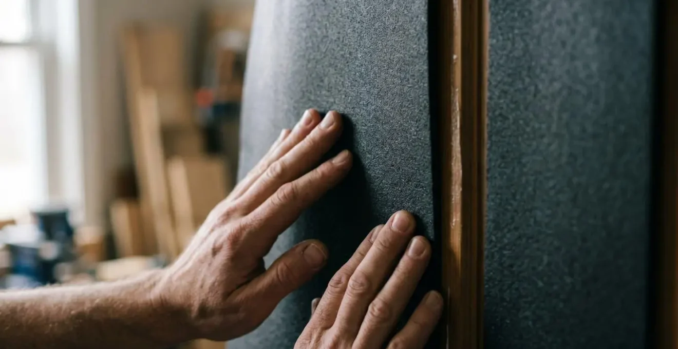 Close-up view of hands installing mass-loaded vinyl material on interior door surface