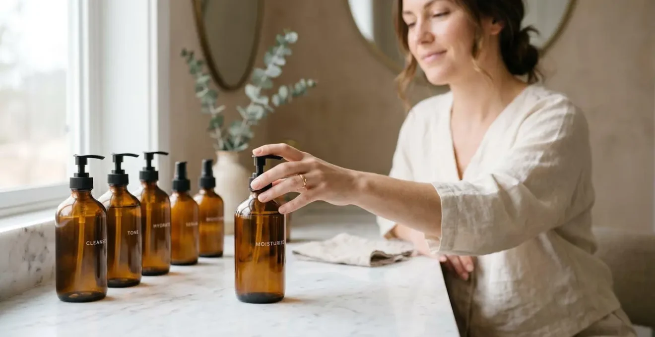 Serene spa-like bathroom vanity with uniform dispensers