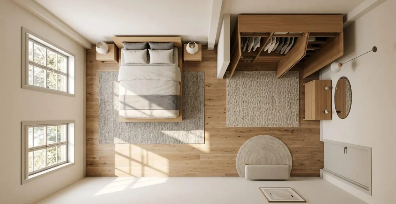 Aerial view of master bedroom showing three distinct functional zones