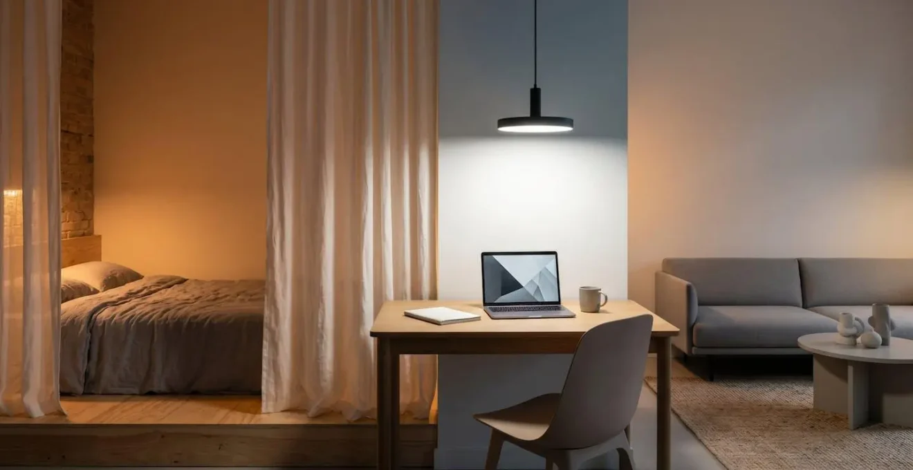 Open studio apartment with distinct living zones created through lighting and furniture arrangement