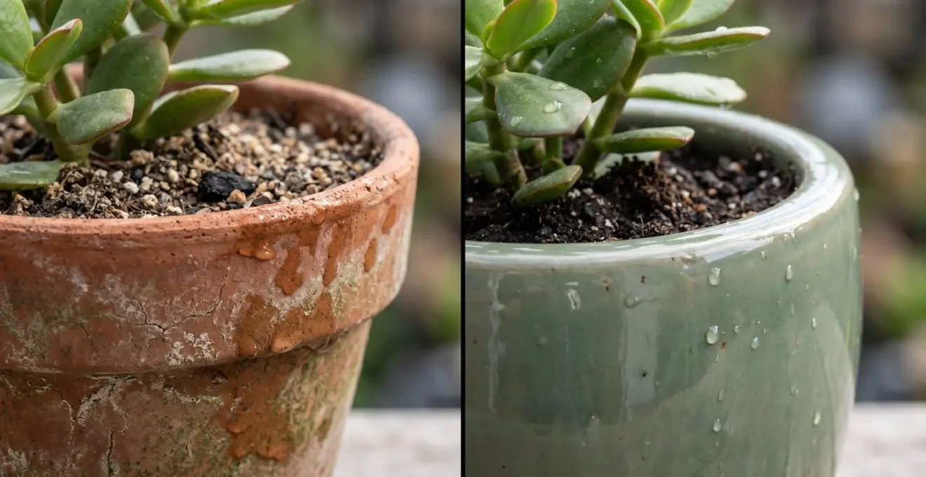 Close-up comparison of succulent plants in terracotta and glazed ceramic pots showing different moisture retention