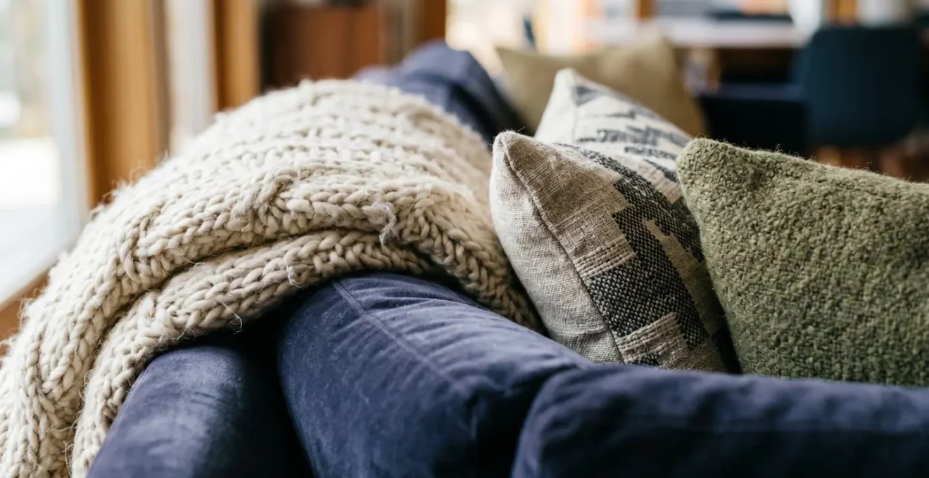 Close-up of layered textiles showing different textures and patterns on a modern sofa