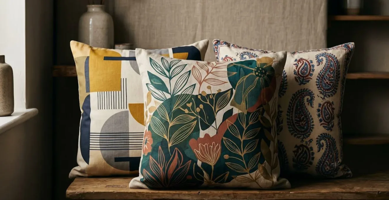 Close-up arrangement of three decorative pillows showing scale progression from large floral to medium geometric to small dots