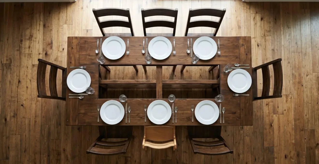 Overhead view of trestle table showing flexible seating arrangement for families