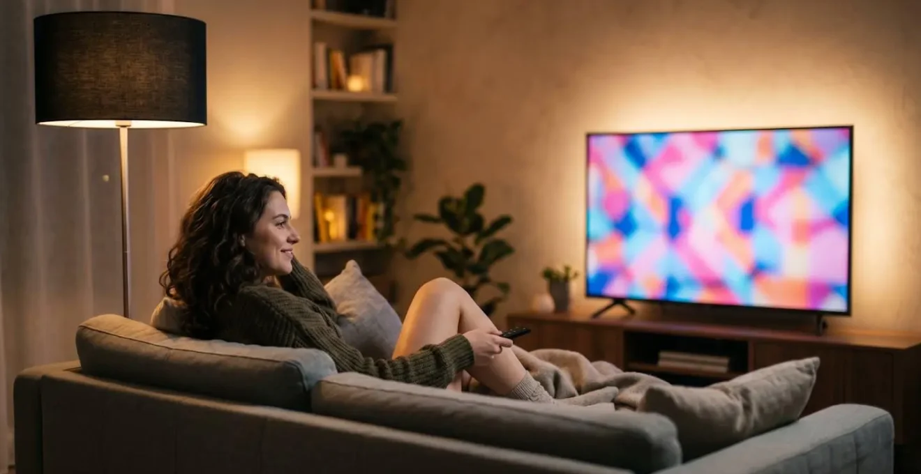 A person relaxing on a sofa watching TV, with a floor lamp correctly positioned to the side and behind the seating area to avoid screen glare.