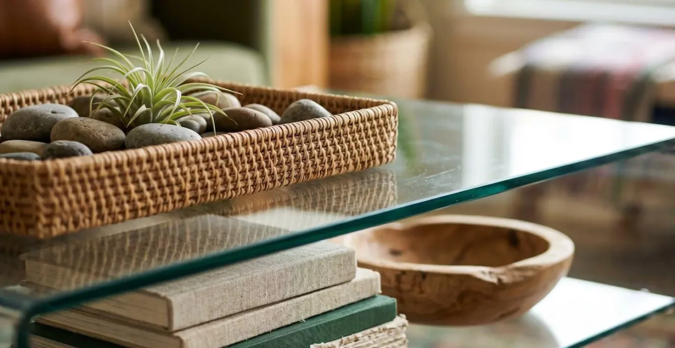 Elegantly styled two-tier glass coffee table with balanced decorative elements
