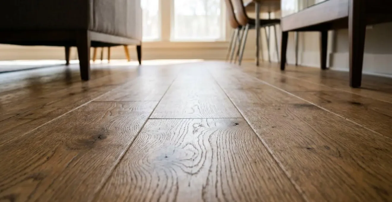 Wide angle view of open space showing continuous wood flooring with planks aligned toward windows