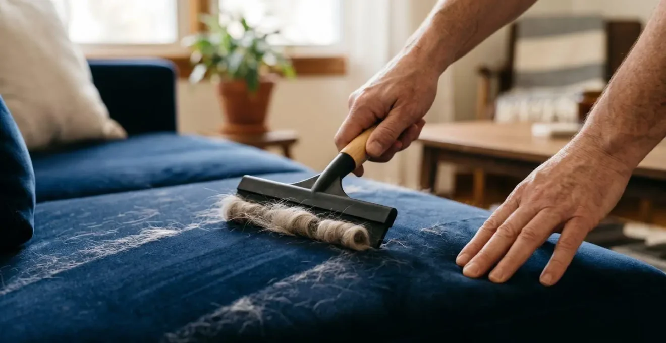 Demonstration of squeegee method removing pet hair from velvet upholstery