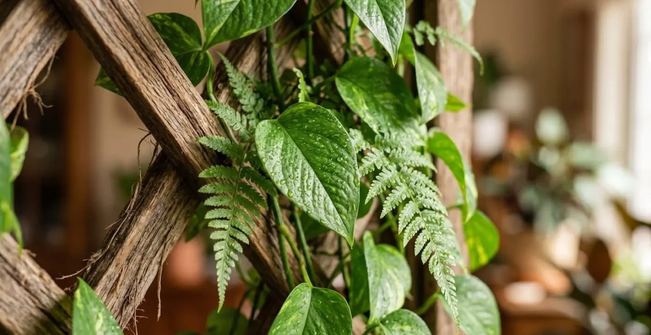 Close-up macro view of lush green plants growing on a wooden lattice room divider with water droplets on leaves