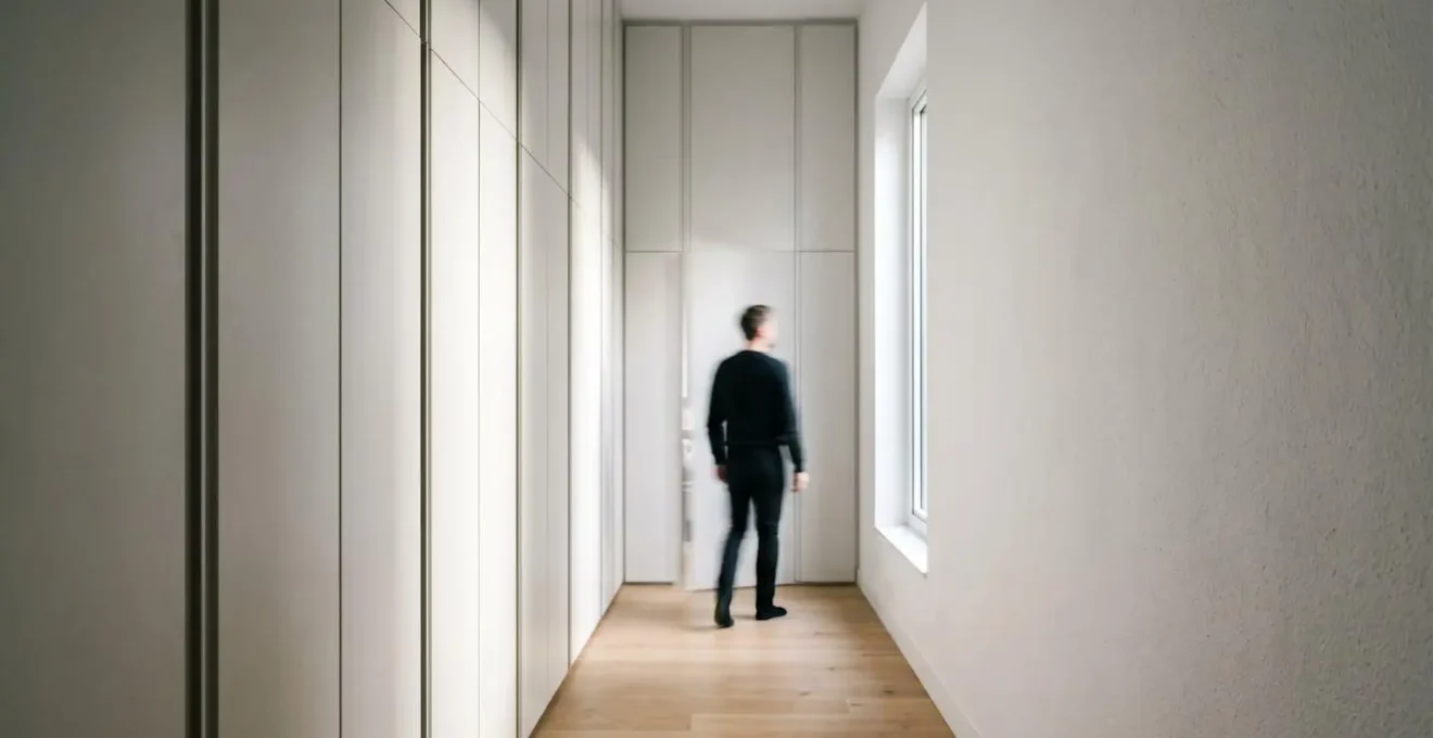 Floor-to-ceiling storage units in a narrow room showing maximized vertical space with maintained walkway width