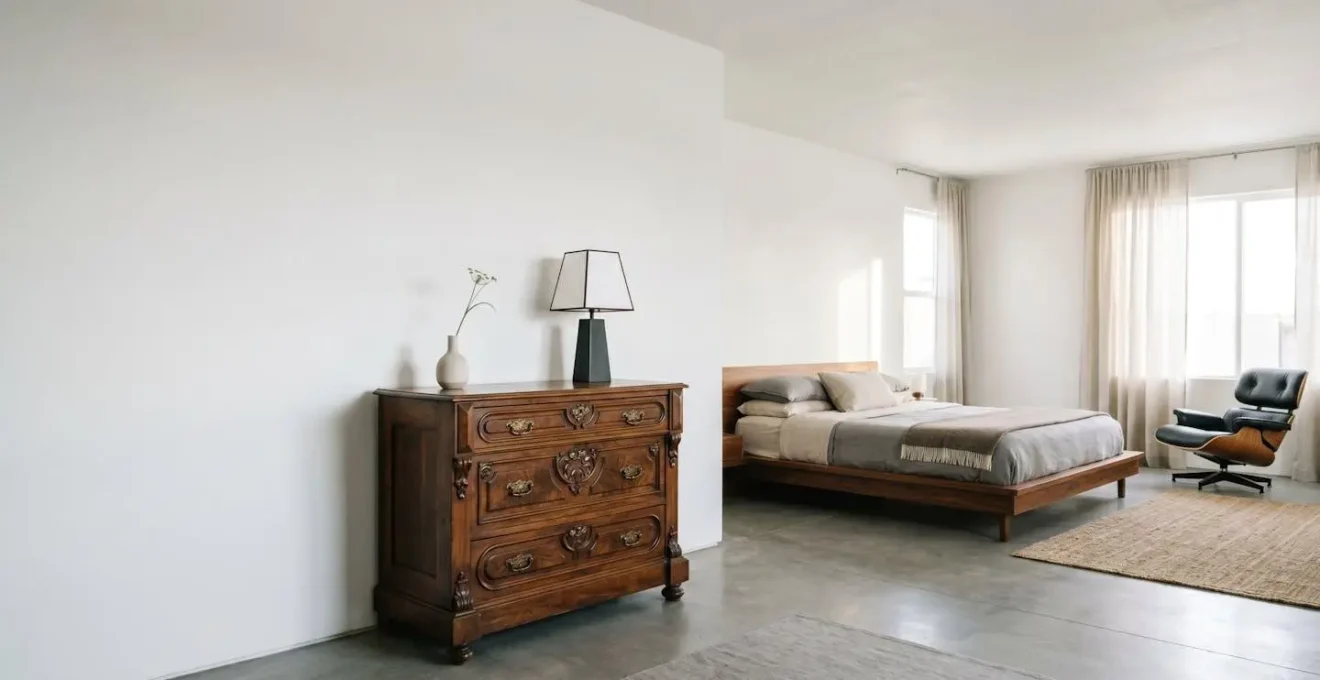 Wide shot of a mid-century modern bedroom featuring a Victorian dresser as focal point with contemporary styling