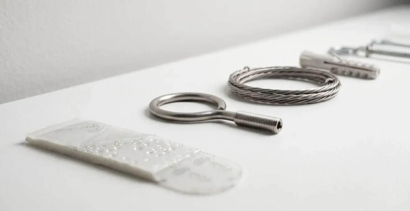 Close-up macro shot of various wall hanging hardware arranged on white surface showing command strips, monkey hooks, and picture wire
