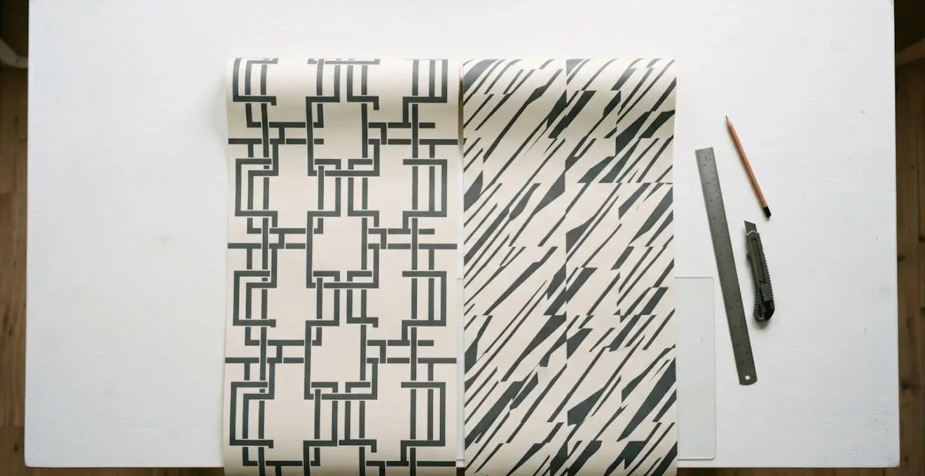 Visual comparison of drop match and straight match wallpaper patterns showing material usage