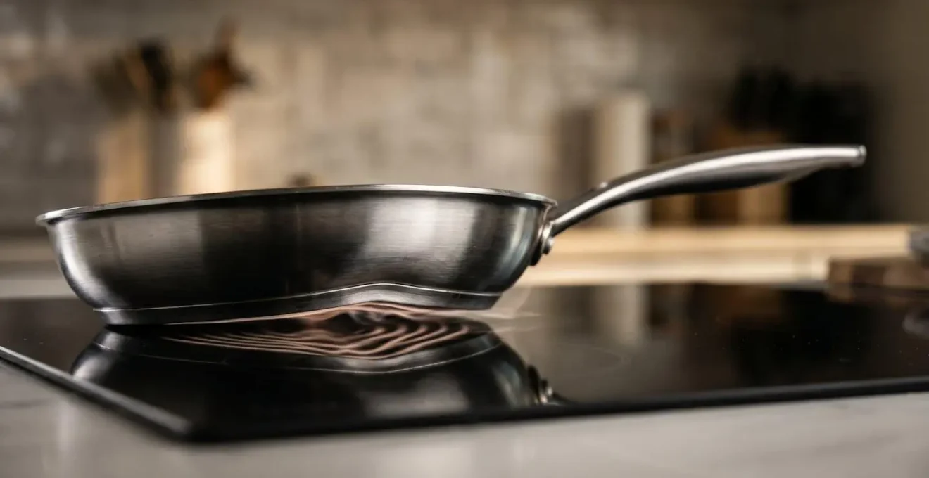 Cross-section view showing gap between warped pan and induction cooktop surface