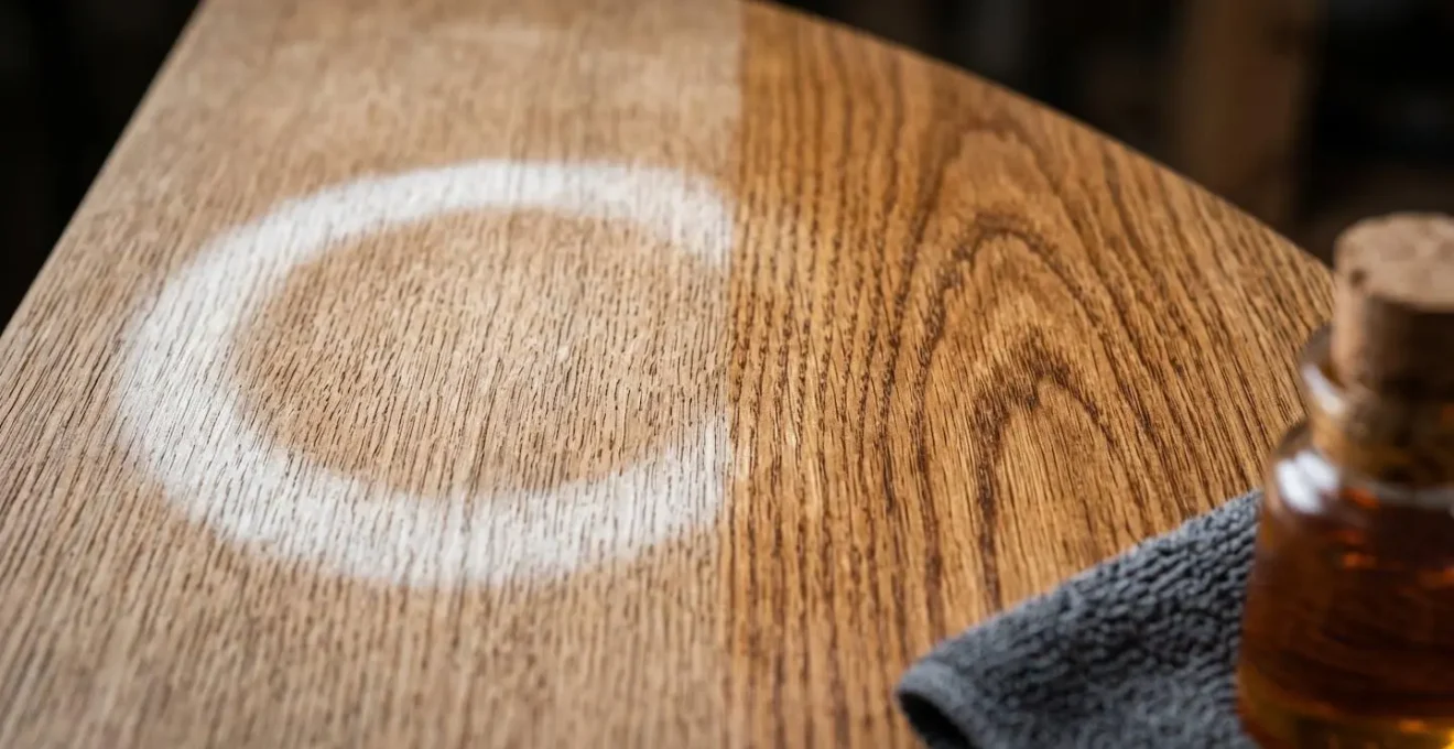 Extreme close-up of wood grain showing heat mark repair process