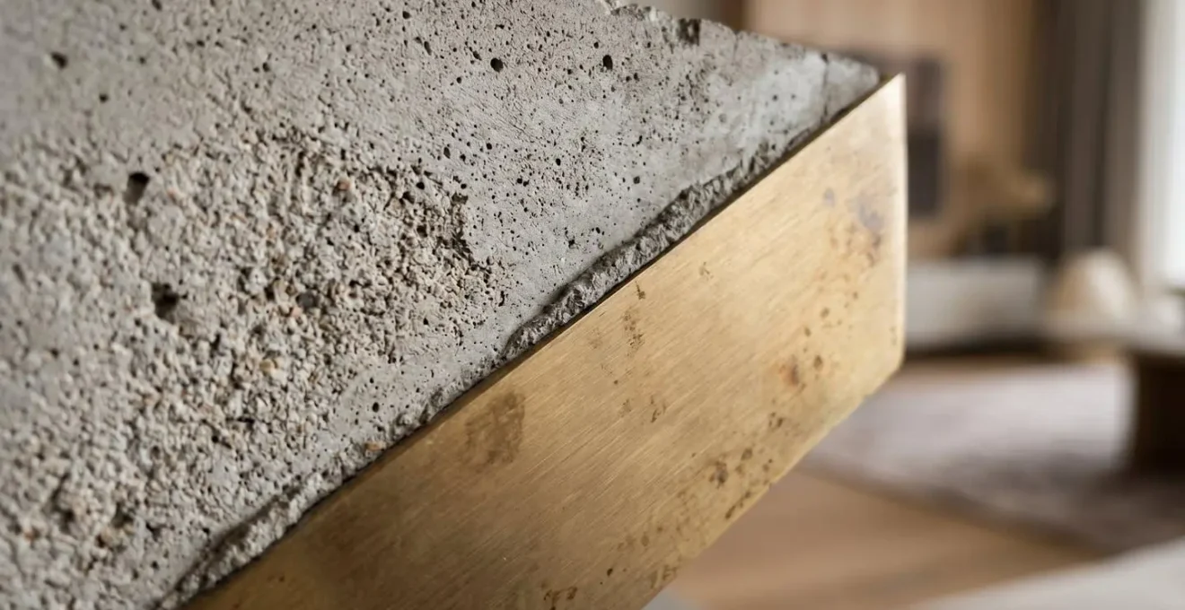 Close-up macro shot showing the textural contrast between raw concrete and polished brass