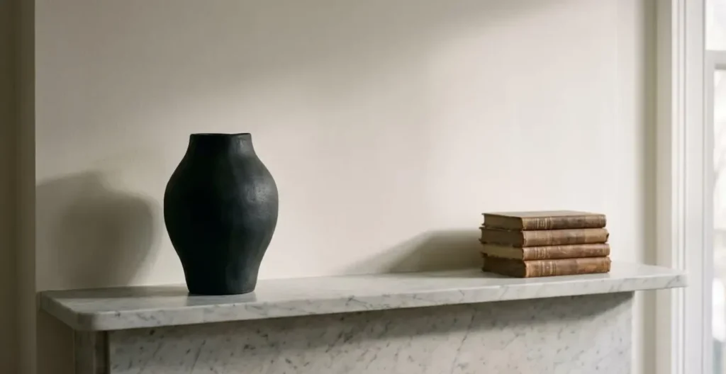Ceramic vase positioned off-center on a marble mantle demonstrating the rule of thirds principle