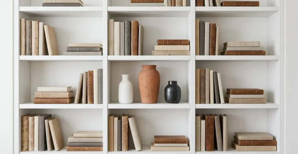 Bookshelf styling with ceramic vases interrupting linear book arrangements creating visual rhythm
